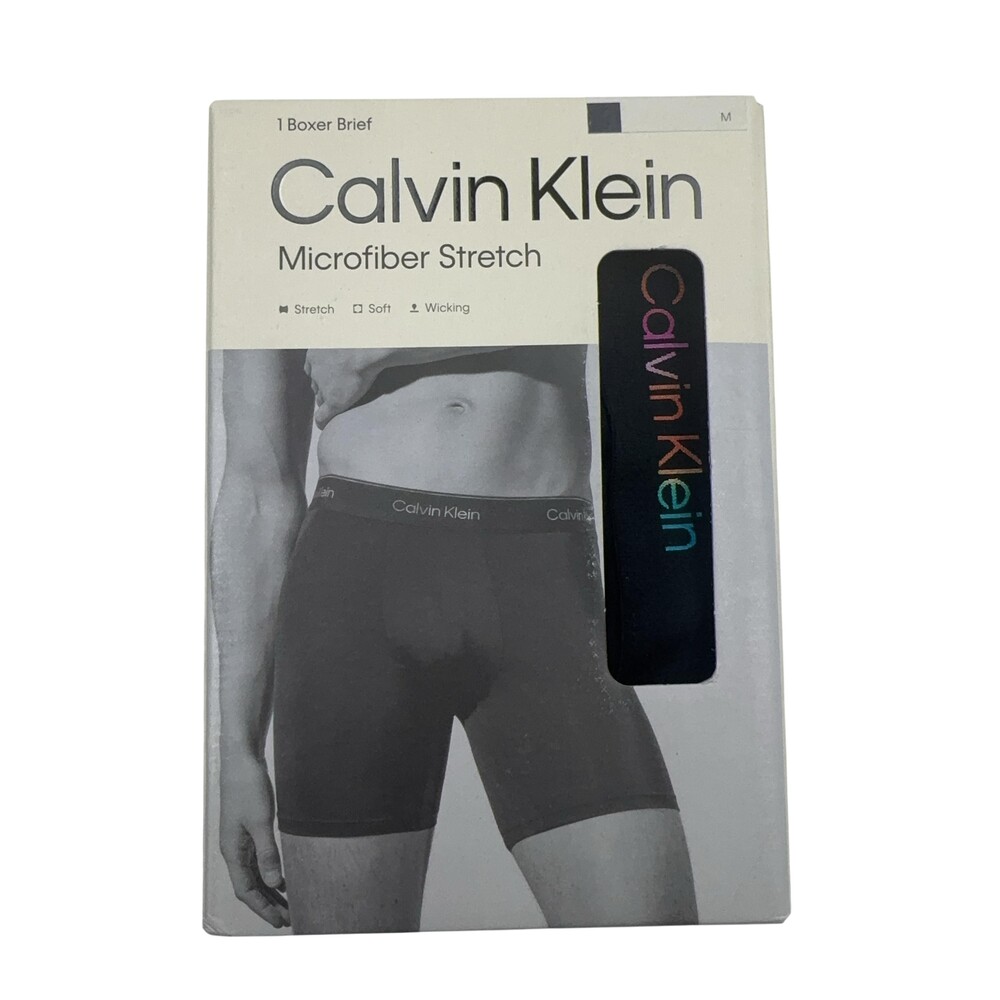 Calvin Klein Boxer Brief Mens Medium Black Microfiber Stretch Rainbow Waistband